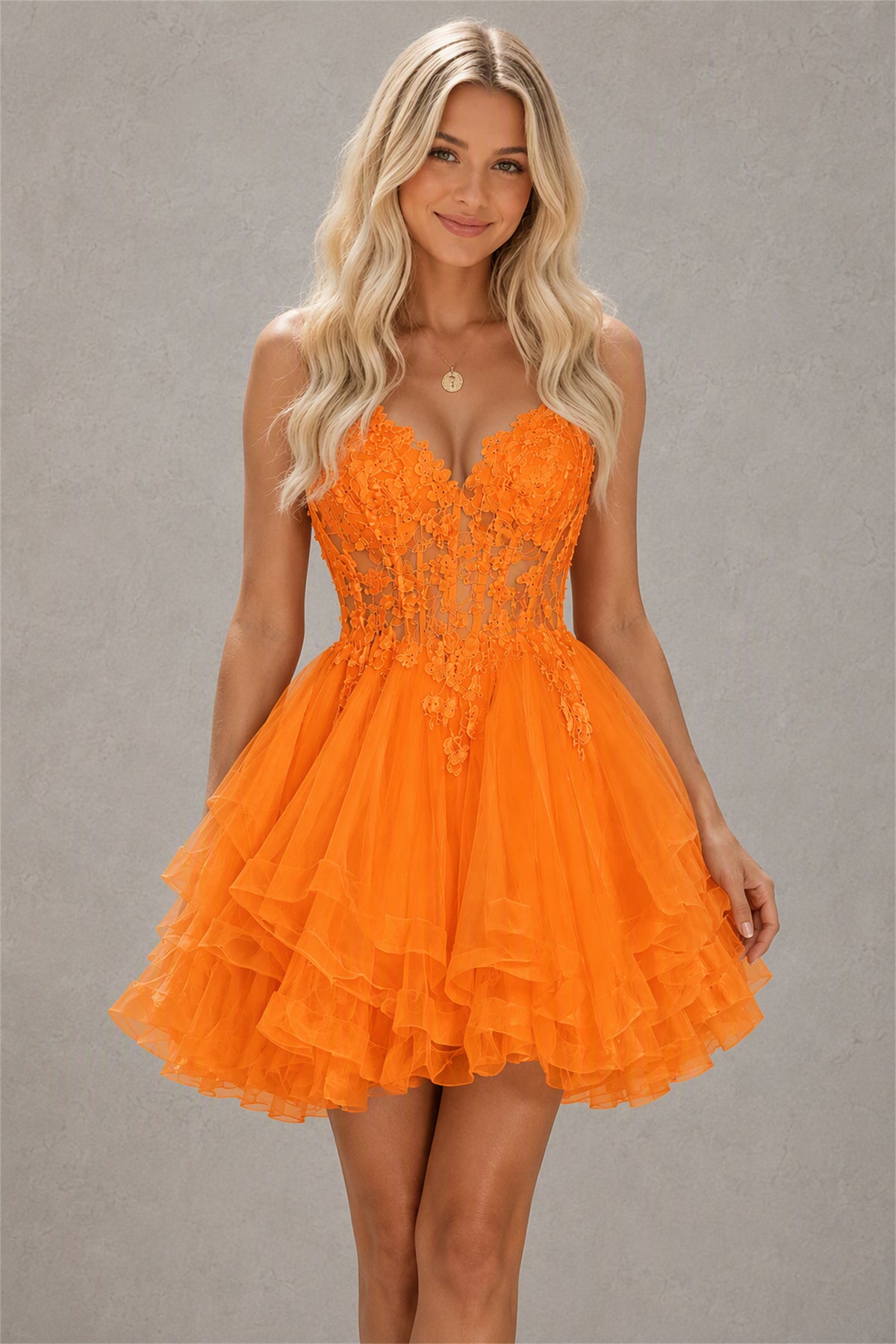 BOLODOO Orange 3D Floral Lace Corset Deep V Spaghetti Strap Tiered Tulle Mini Dress - Orange