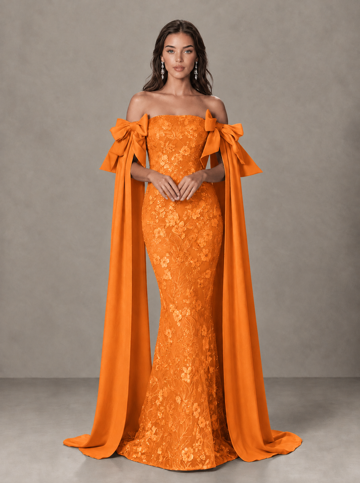 BOLODOO Orange Floral Lace Mermaid Prom Dress with Off-Shoulder Bows - Orange - Orange (1)