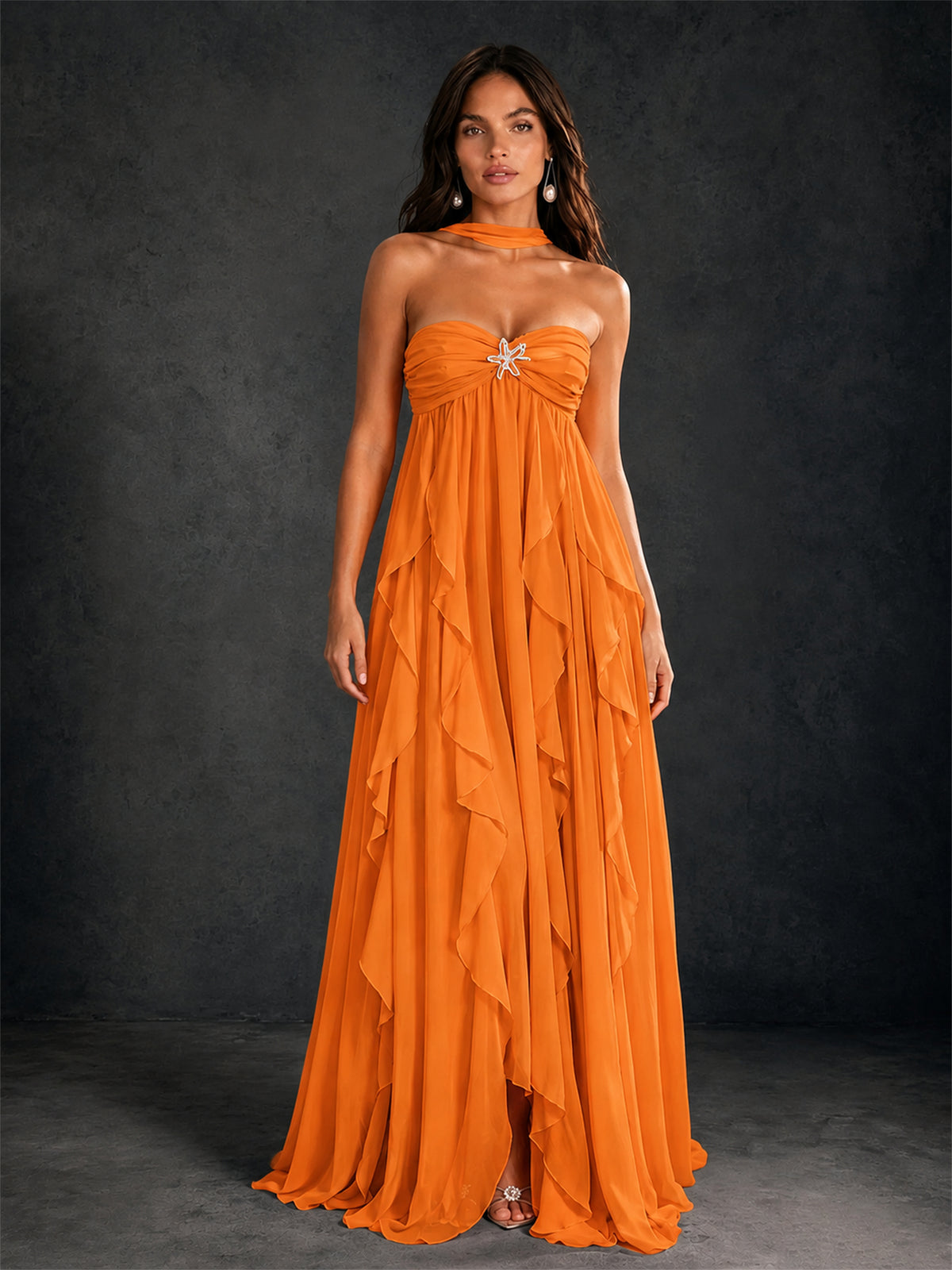 BOLODOO Orange Halter Neck Cascading Ruffle Chiffon Maxi Dress | Keyhole Open Back - Orange