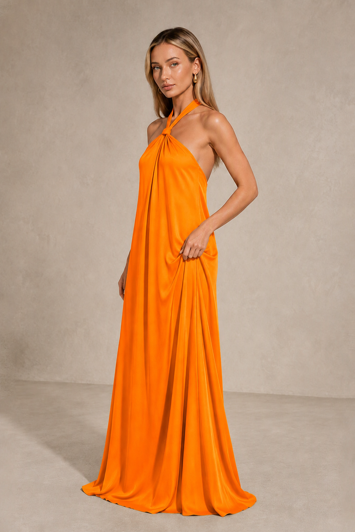 BOLODOO Orange Backless Halter Satin Bridesmaid Dress - Orange