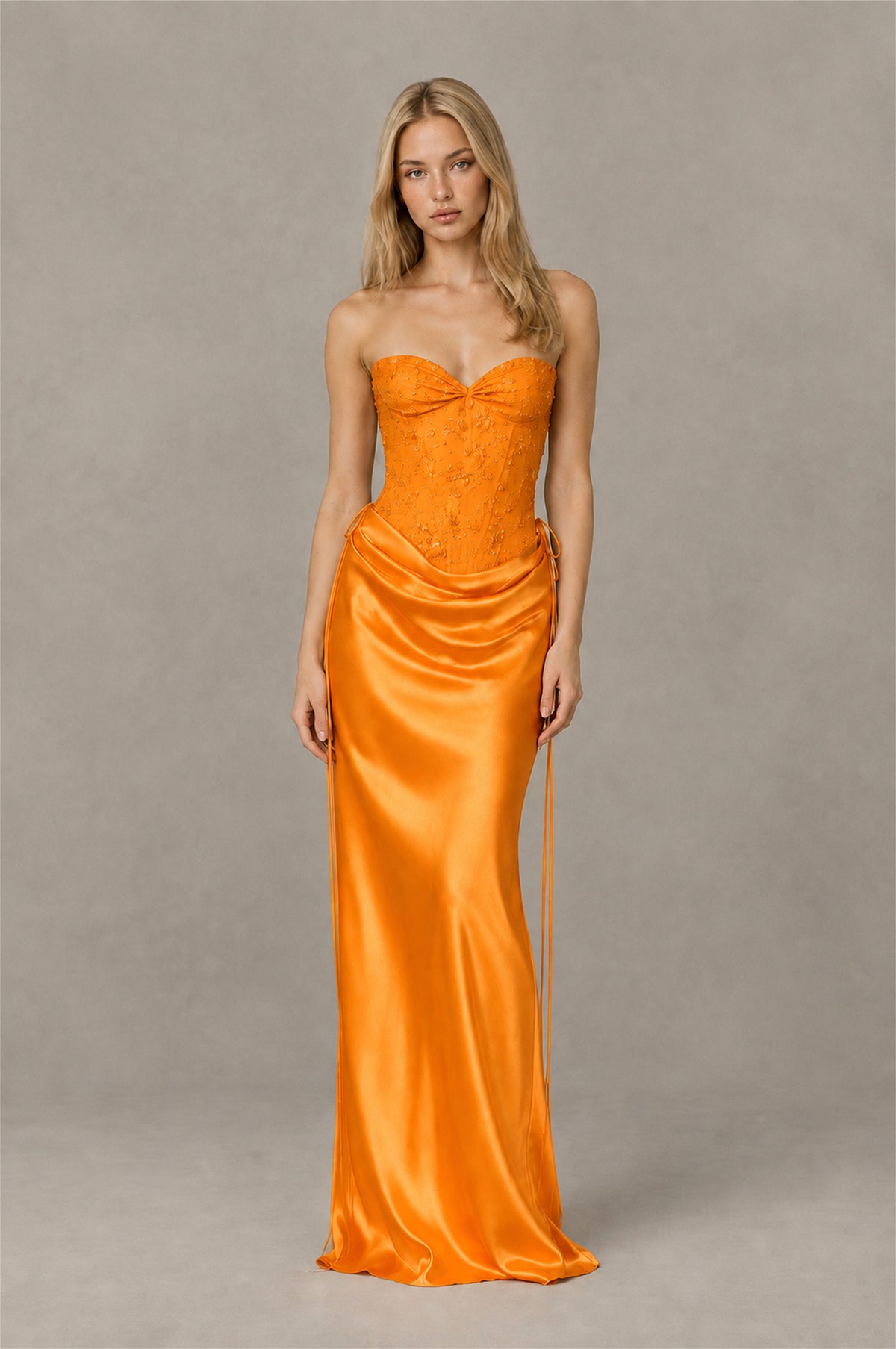 BOLODOO Orange Strapless Embellished Corset Satin-Look Maxi Dress - Orange
