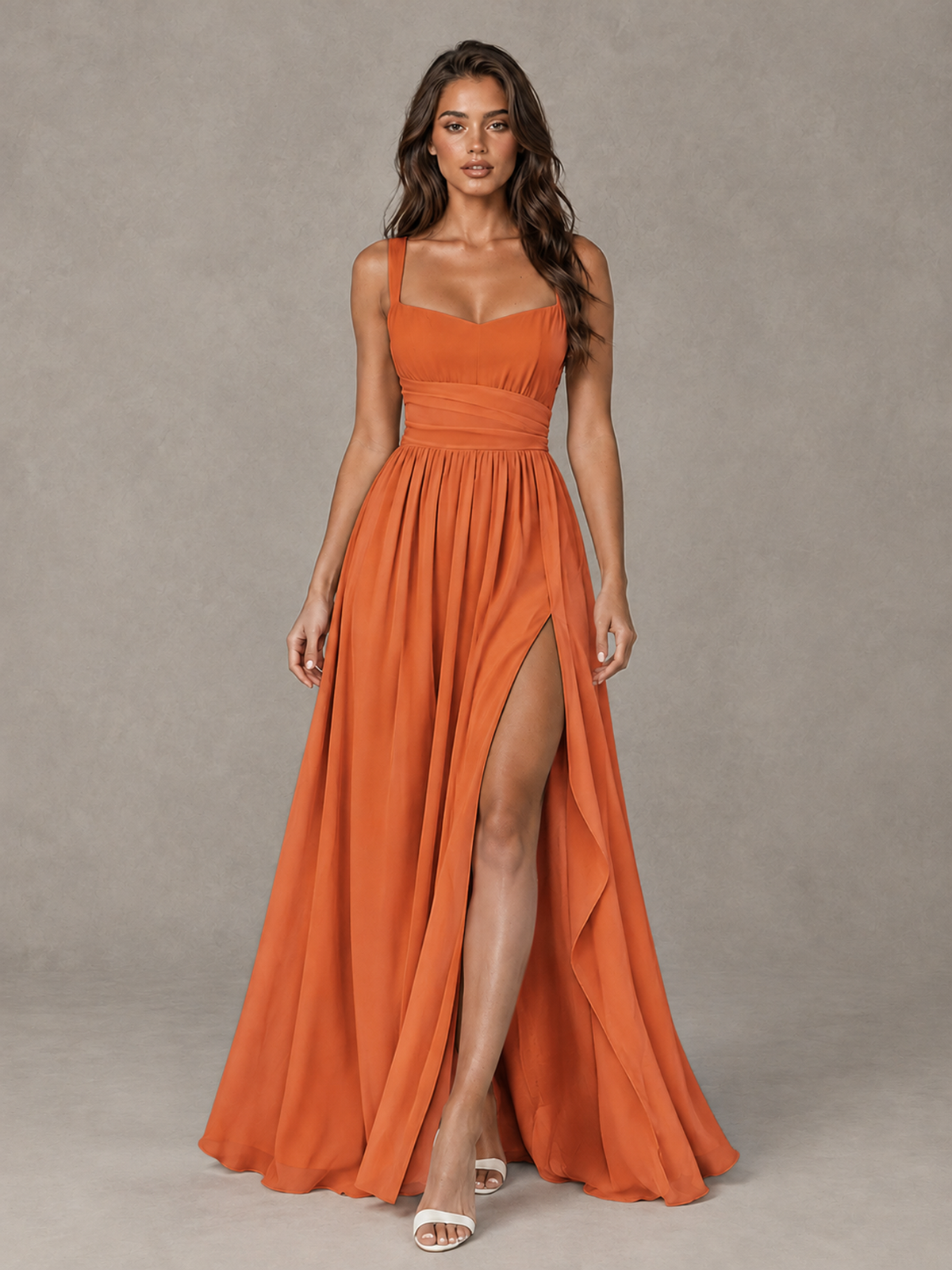 BOLODOO Orange A-Line Bridesmaid Dress with High Slit & Lace-Up Back - Orange - Orange (1)