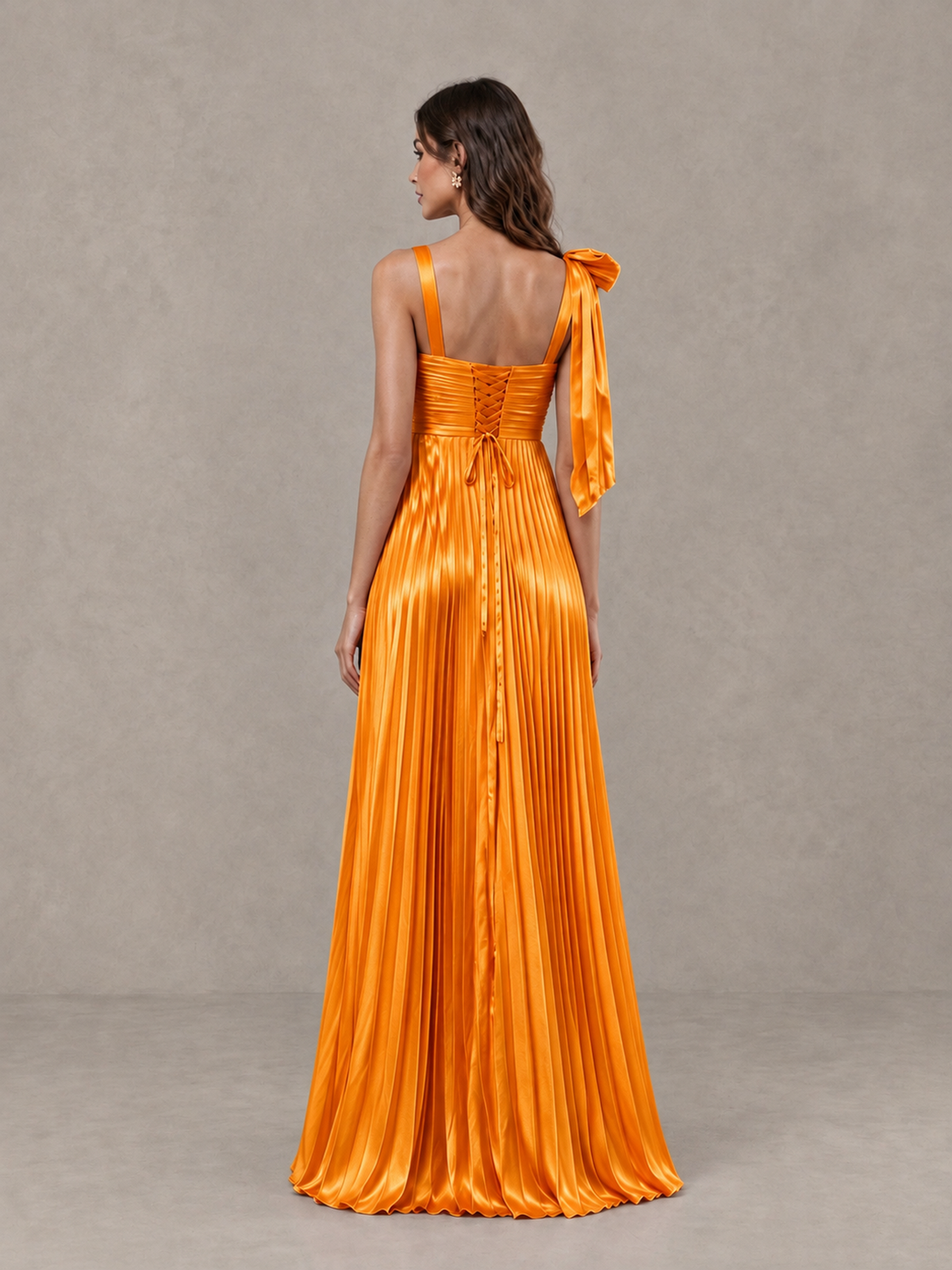 BOLODOO Orange Pleated Bow-Strap Bridesmaid Maxi Dress - Orange - Orange (2)