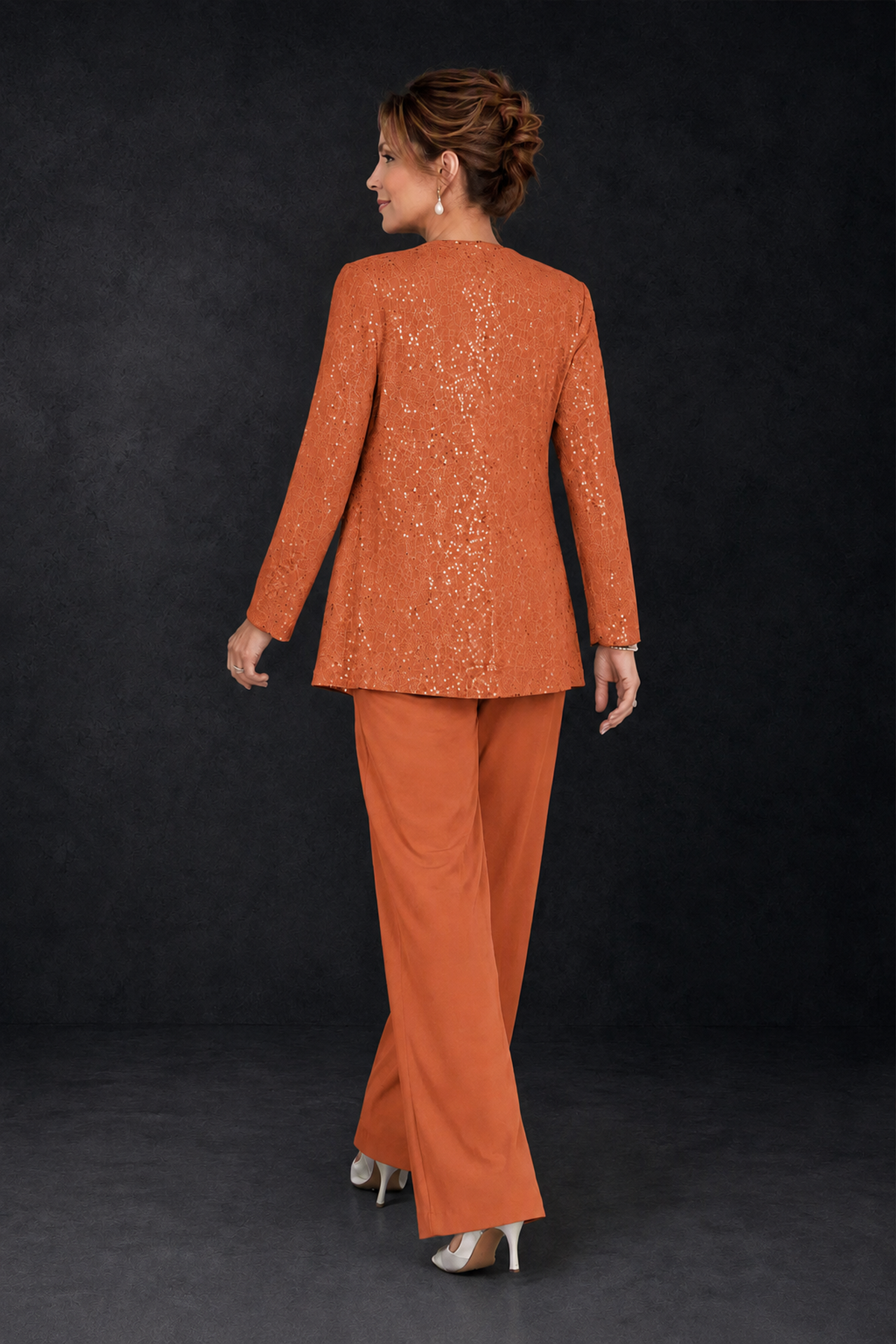 BOLODOO Orange Sequin Lace 3-Piece Pant Suit with Long Sleeve Jacket - Orange - Orange (2)