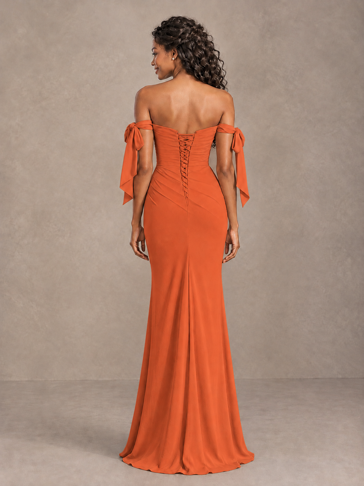 Orange Off-Shoulder Bow Bridesmaid Dress with Slit - Orange - Orange (2)