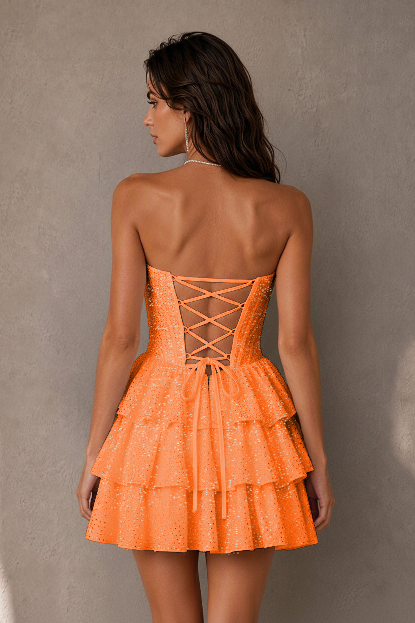 BOLODOO Navy Rhinestone Strapless Corset Tiered Ruffle Lace-Up Back Homecoming Mini Dress - Orange - Orange