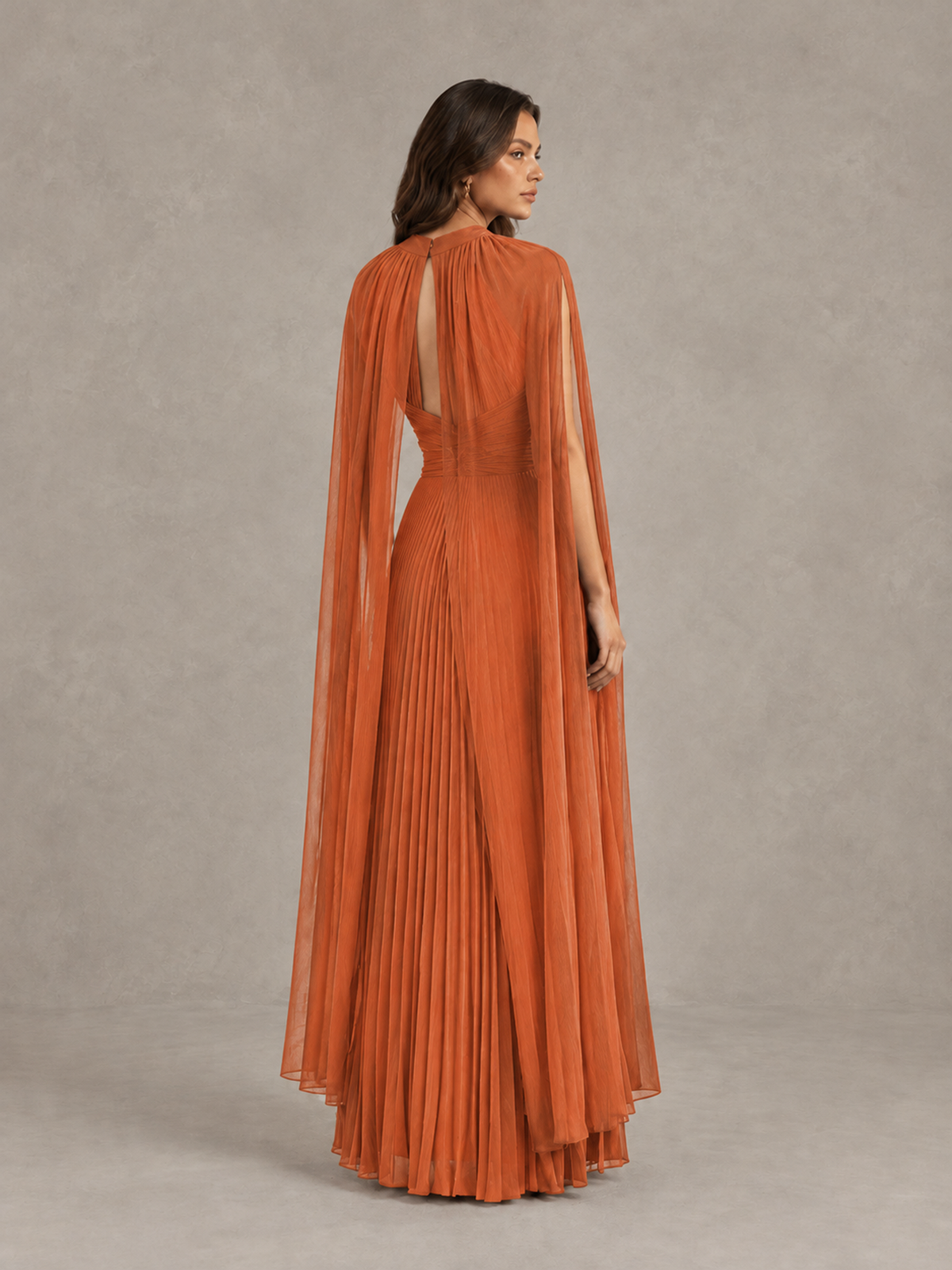 BOLODOO Orange Pleated Cape Maxi Wedding Guest Dress - Orange - Orange (2)