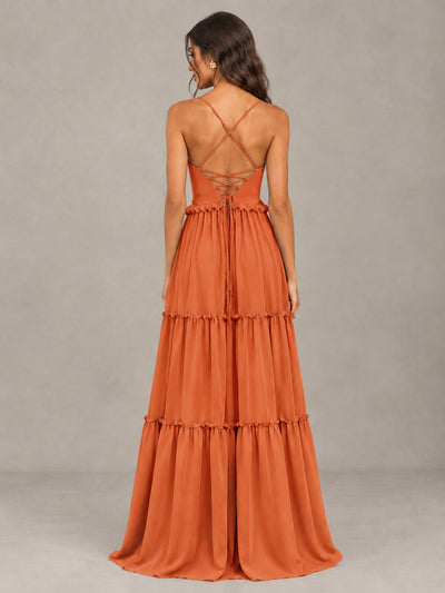 BOLODOO Orange Tiered V-Neck Lace-Up Back Bridesmaid Dress - Orange - Orange (2)