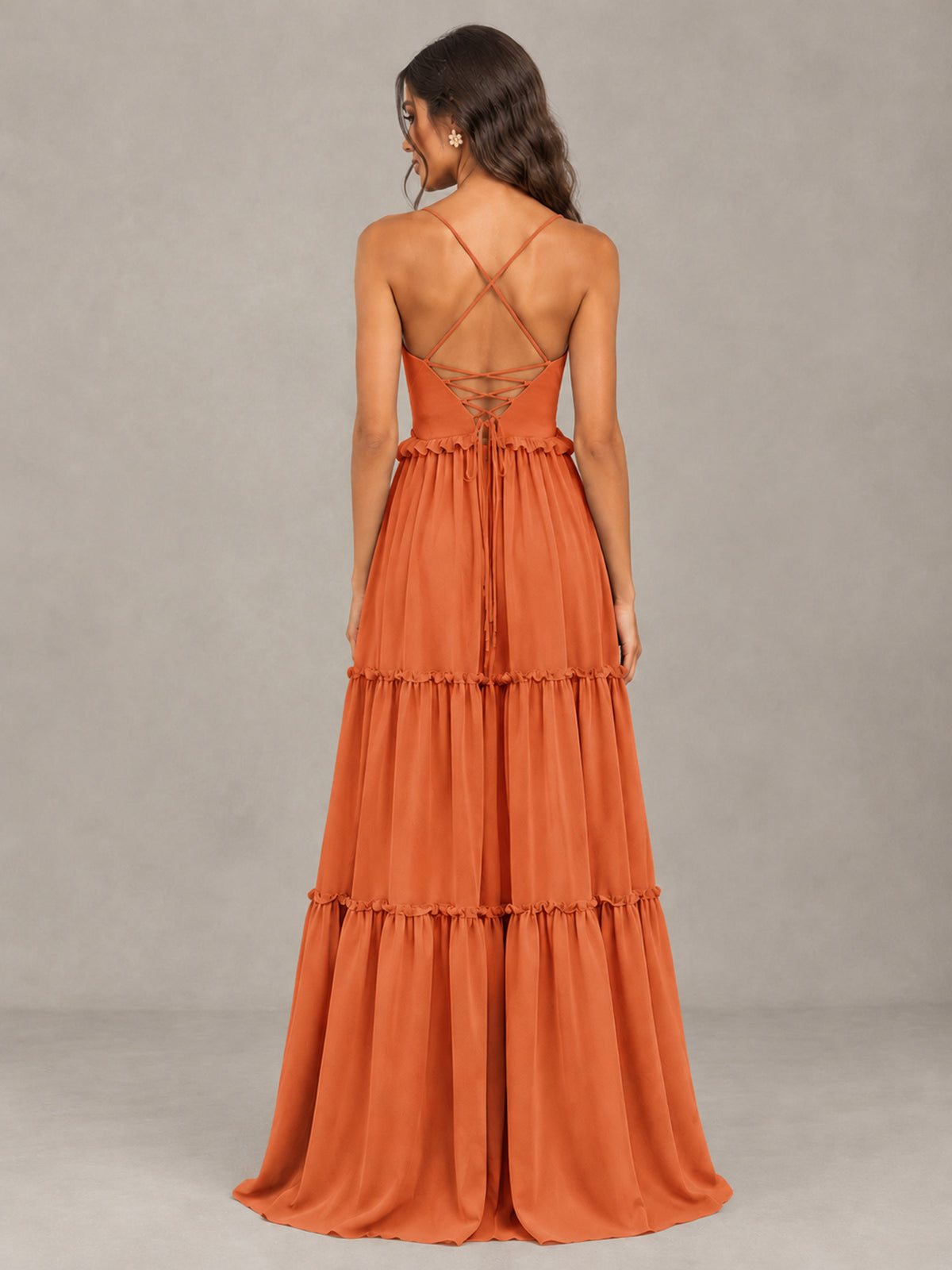 BOLODOO Orange Tiered V-Neck Lace-Up Back Bridesmaid Dress - Orange - Orange (2)