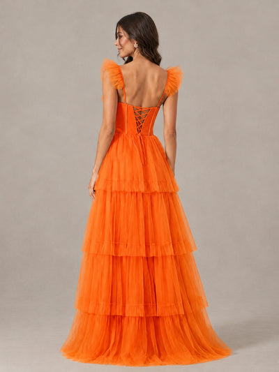 BOLODOO Orange Tiered Tulle Bridesmaid Dress with Slit - Orange - Orange (2)