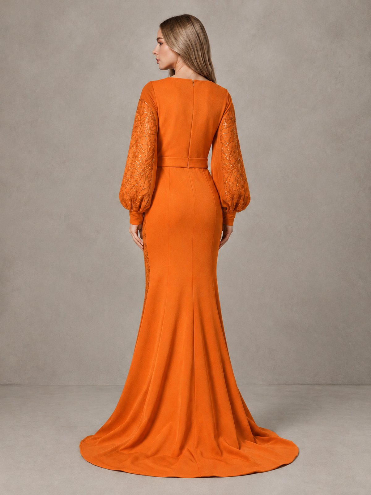 BOLODOO Orange Sequin Long Bishop Sleeve Mermaid Evening Dress - Orange - Orange (2)