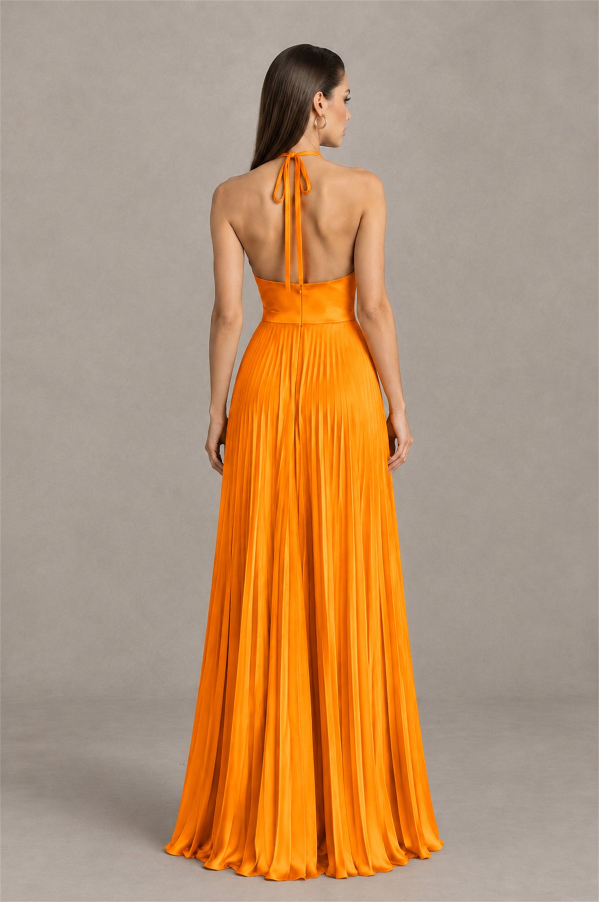 BOLODOO Orange Halter Pleated A-Line Evening Dress - Orange - Orange (2)
