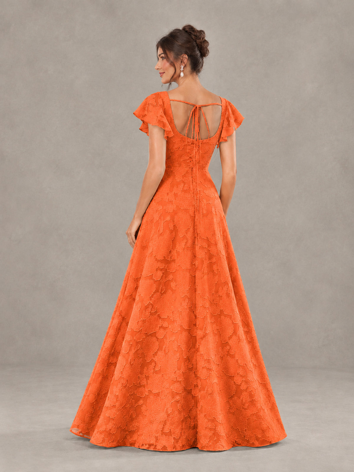 BOLODOO Orange Floral Flutter Sleeve Bridesmaid Dress with Slit - Orange - Orange (2)