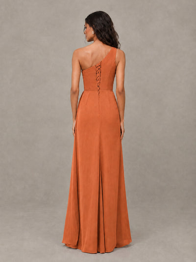 BOLODOO Orange One-Shoulder Chiffon Bridesmaid Dress with Ruched Bodice & High Slit - Orange - Orange (2)
