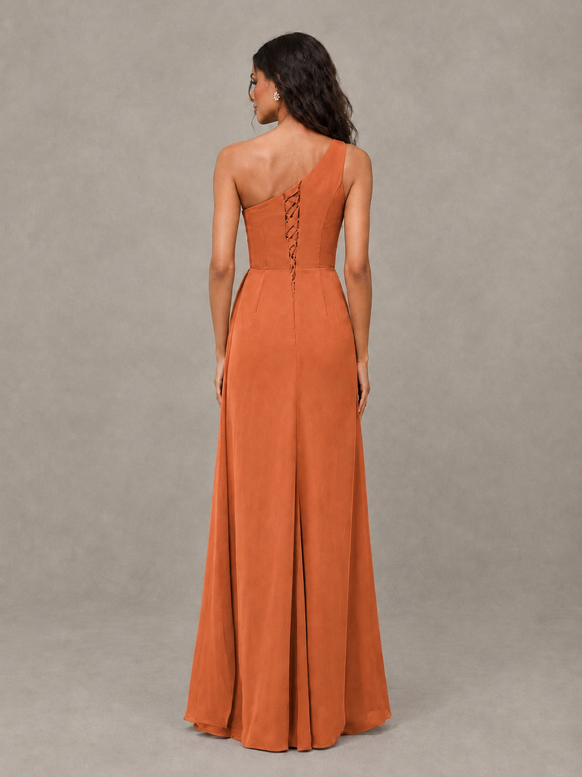 BOLODOO Orange One-Shoulder Chiffon Bridesmaid Dress with Ruched Bodice & High Slit - Orange - Orange (2)