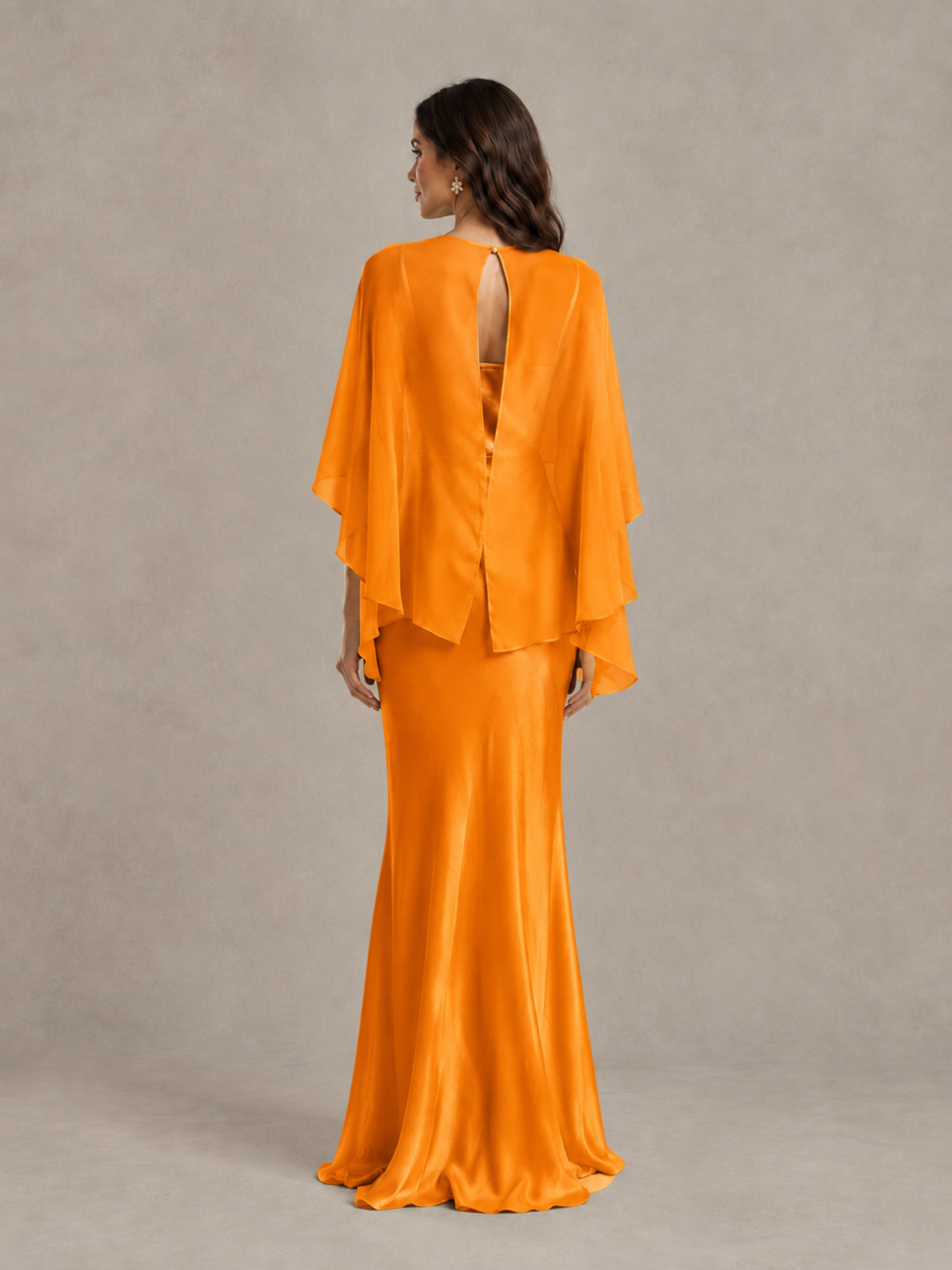 BOLODOO Orange Satin Mermaid Bridesmaid Dress with Chiffon Cape - Orange - Orange (2)