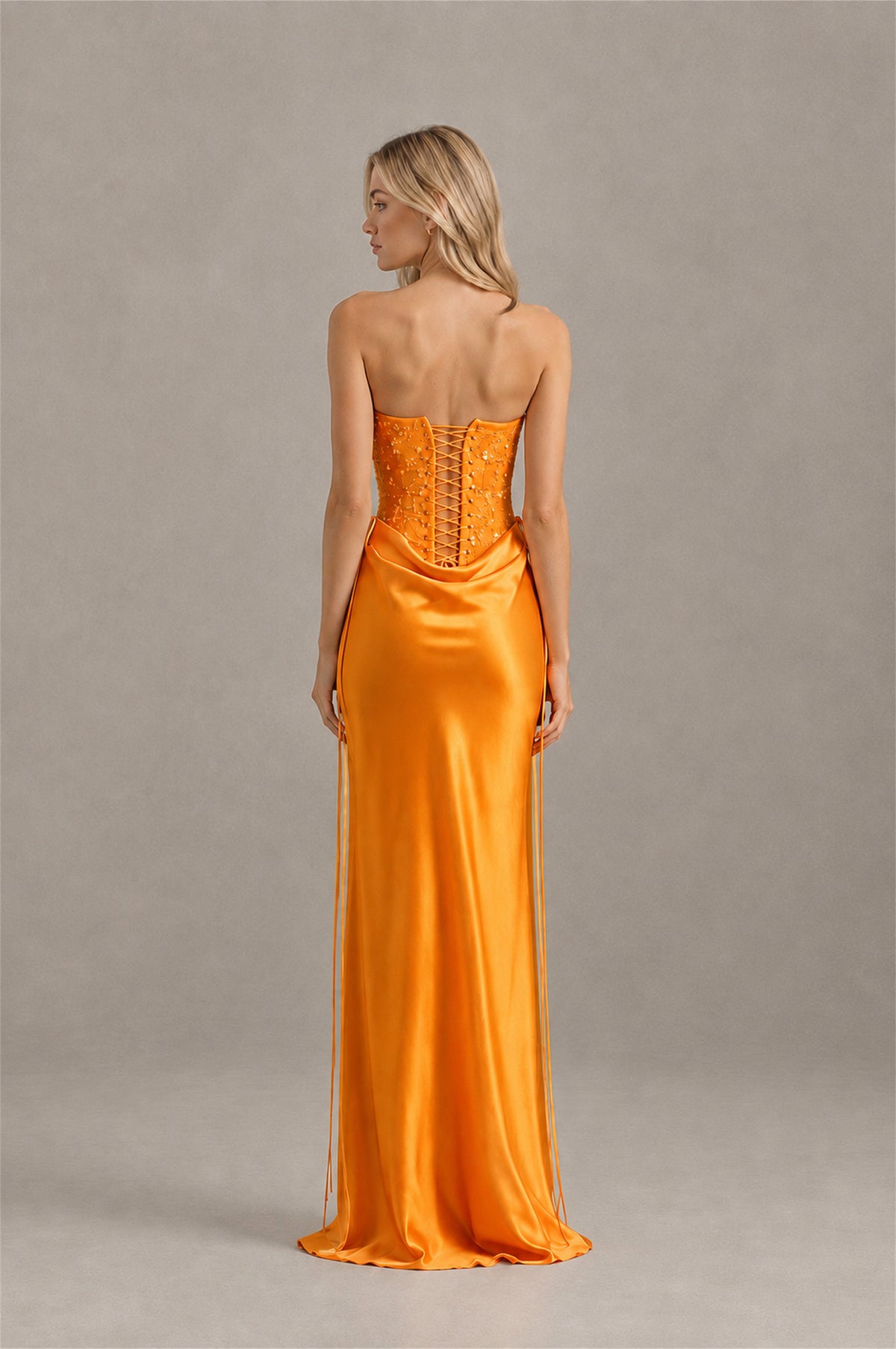 BOLODOO Orange Strapless Embellished Corset Satin-Look Maxi Dress - Orange