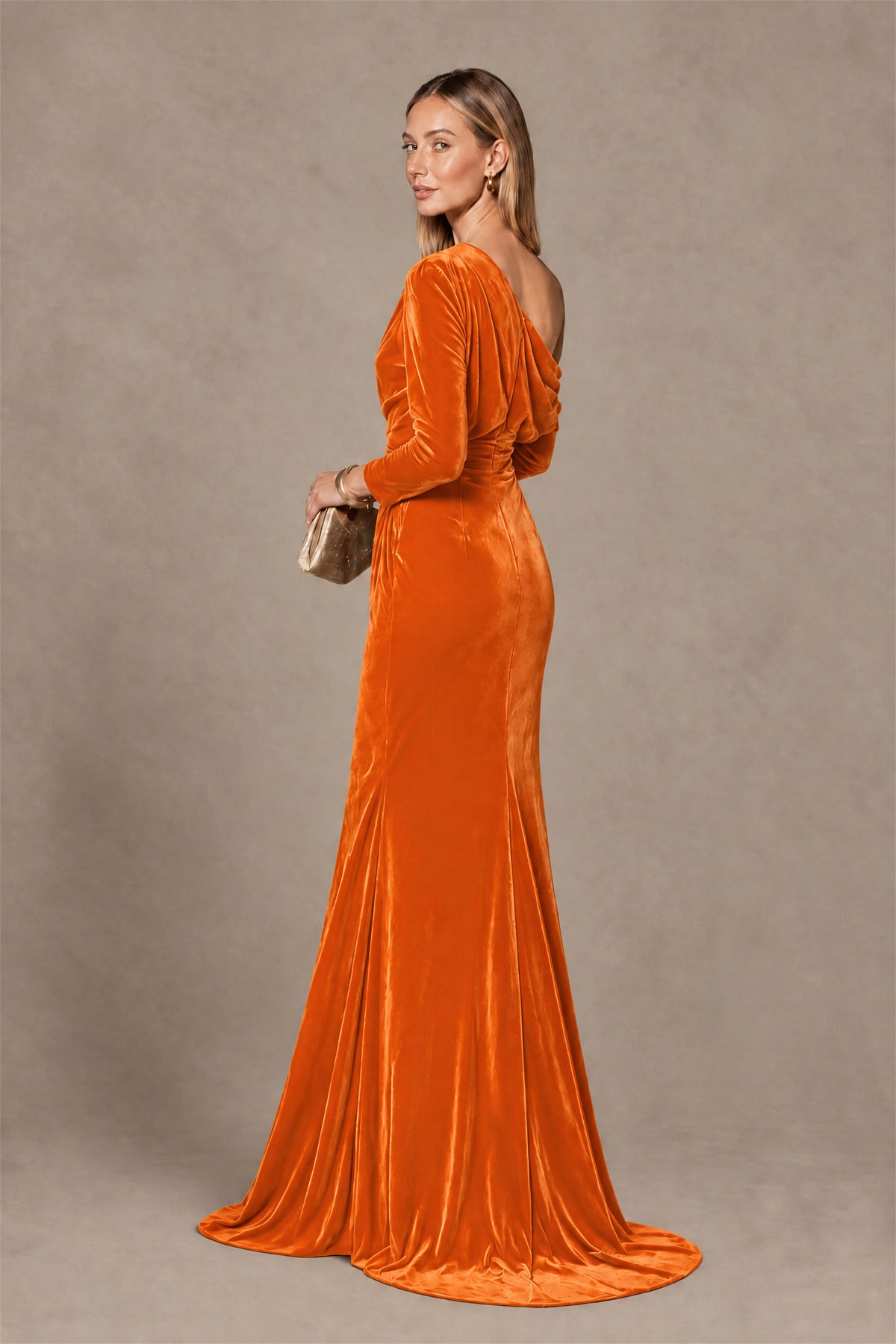 BOLODOO Orange Velvet One-Shoulder Long Sleeve Evening Gown - Orange