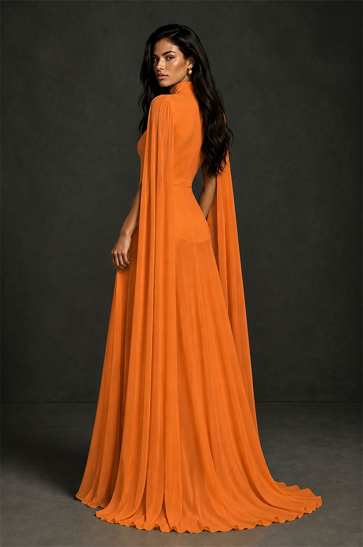 BOLODOO Orange Mock Neck Cape Sleeve A-Line Chiffon Maxi Dress - Orange - Orange (2)