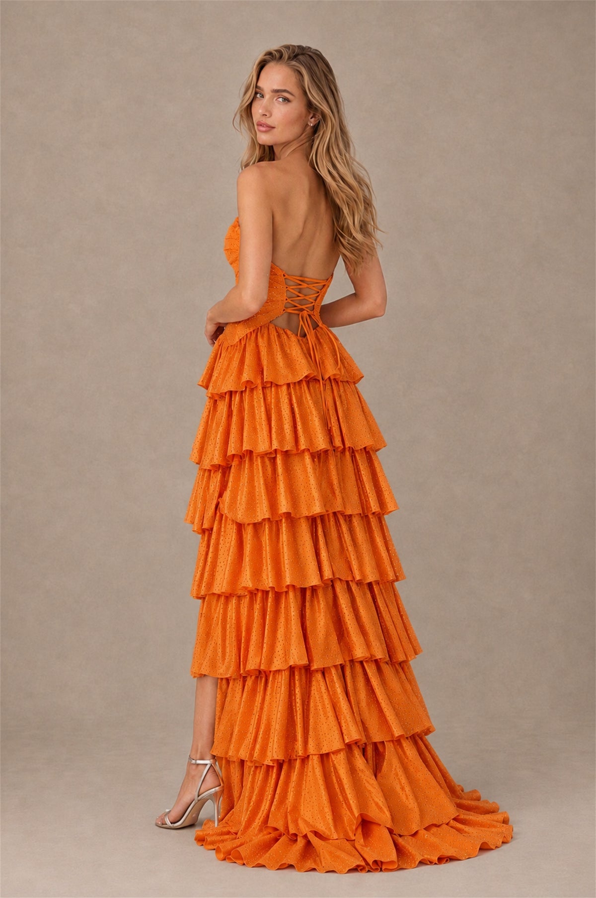 BOLODOO Orange Strapless Cutout Tiered Ruffle Prom Dress with High Slit - Orange - Orange (2)