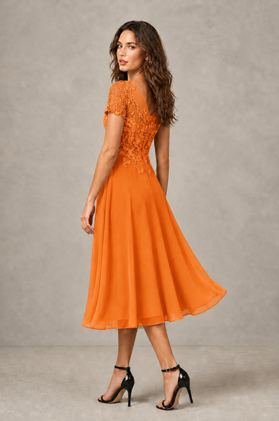 BOLODOO Orange Beaded Lace Illusion Bodice Chiffon Tea-Length Dress | Mother of the Bride & Cocktail Party - Orange