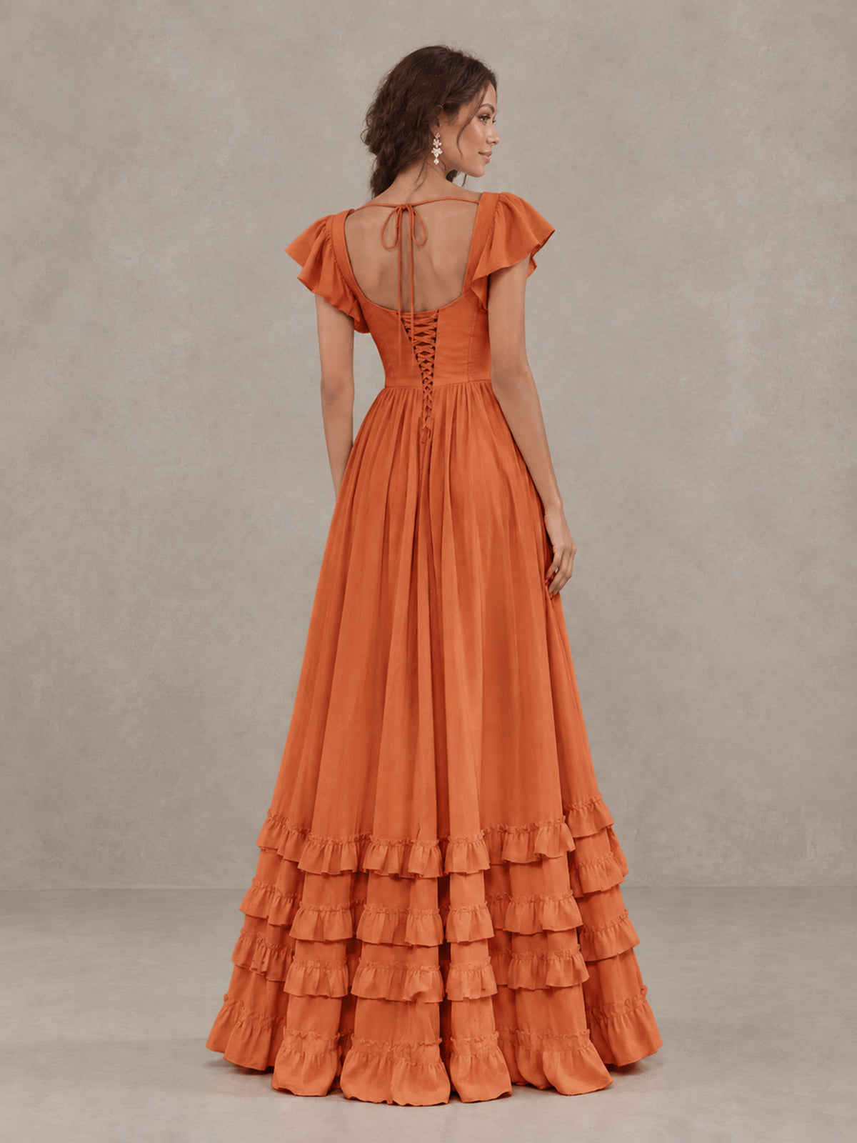 BOLODOO Orange Flutter Sleeve Ruffle Bridesmaid Dress with Slit - Orange - Orange (2)