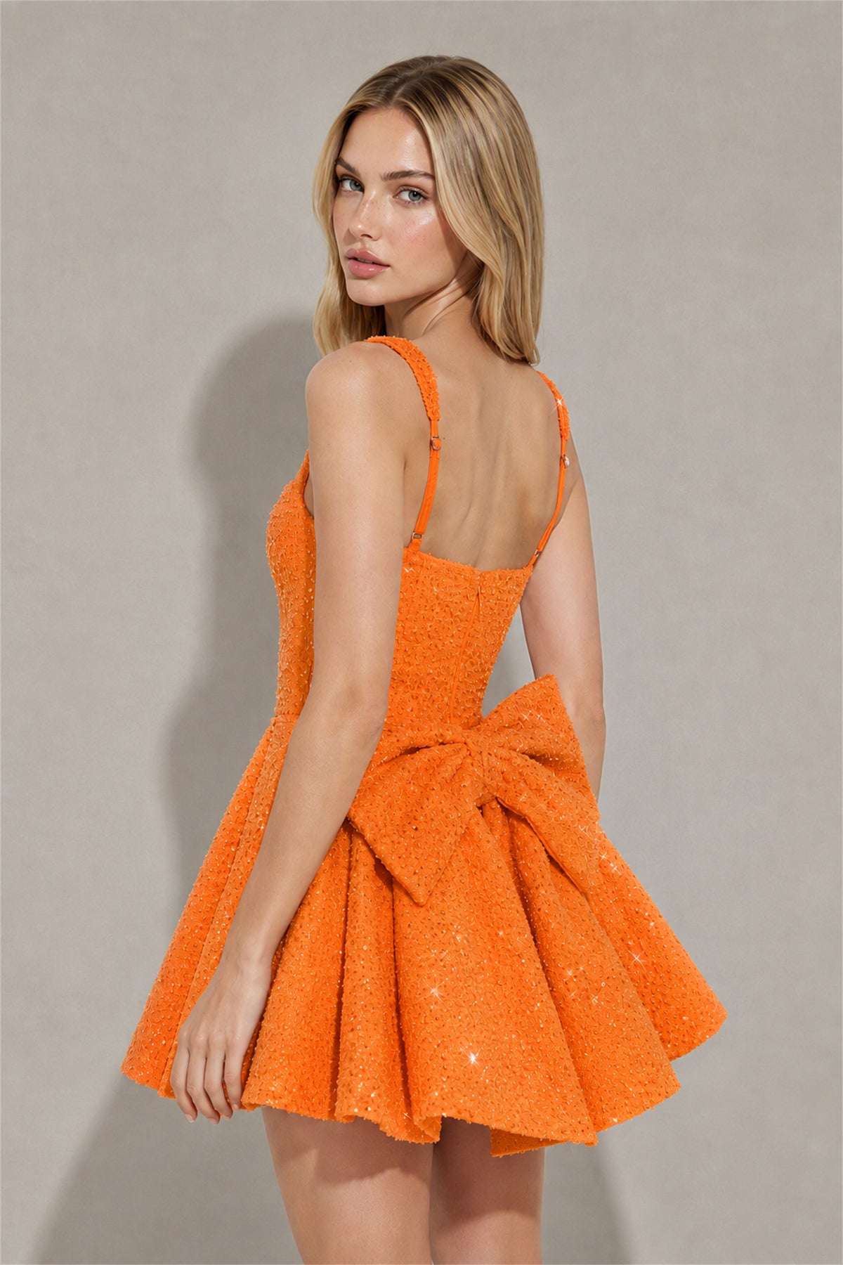 BOLODOO Orange Sequin Square Neck Wide Strap Bow Waist Open Back Fit and Flare Mini Dress | Prom Birthday Party Dress - Orange