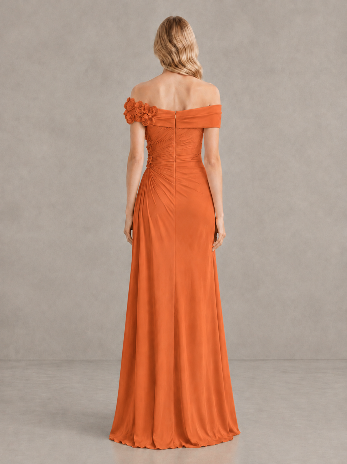 BOLODOO Orange Off-Shoulder Floral Applique Wedding Guest Maxi Dress - Orange - Orange (2)