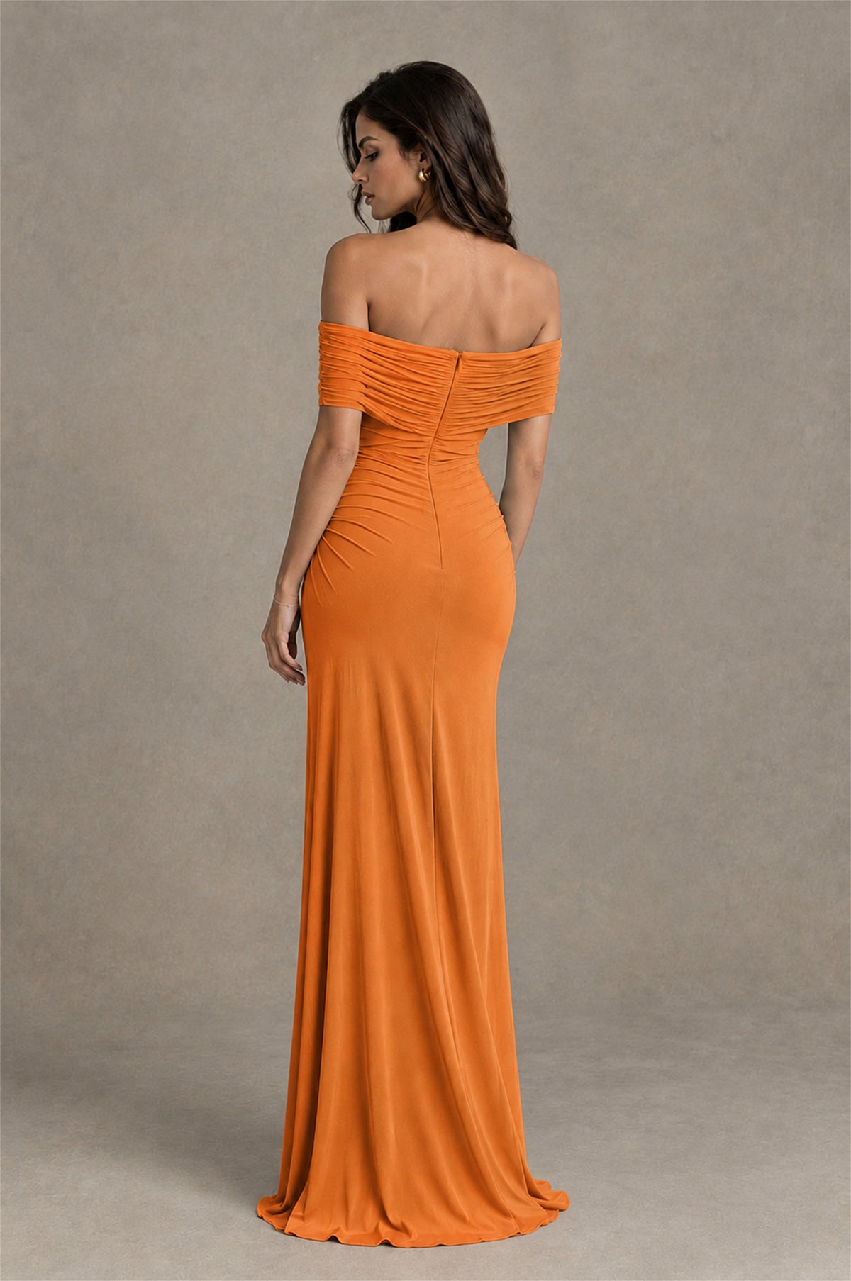 BOLODOO Orange Off-Shoulder Ruched Maxi Dress - Orange