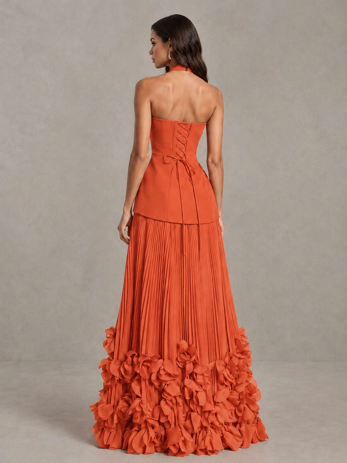 BOLODOO Orange Halter Neck Floor-Length Evening Gown with High Slit & 3D Floral Hem - Orange - Orange (2)