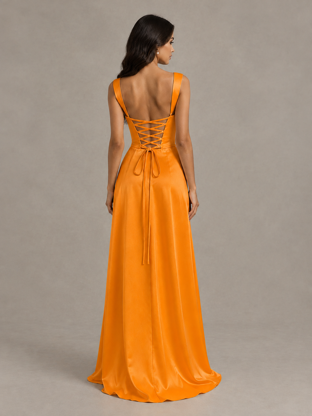 BOLODOO Orange Satin Lace-Up Bridesmaid Dress with Slit - Orange - Orange (2)