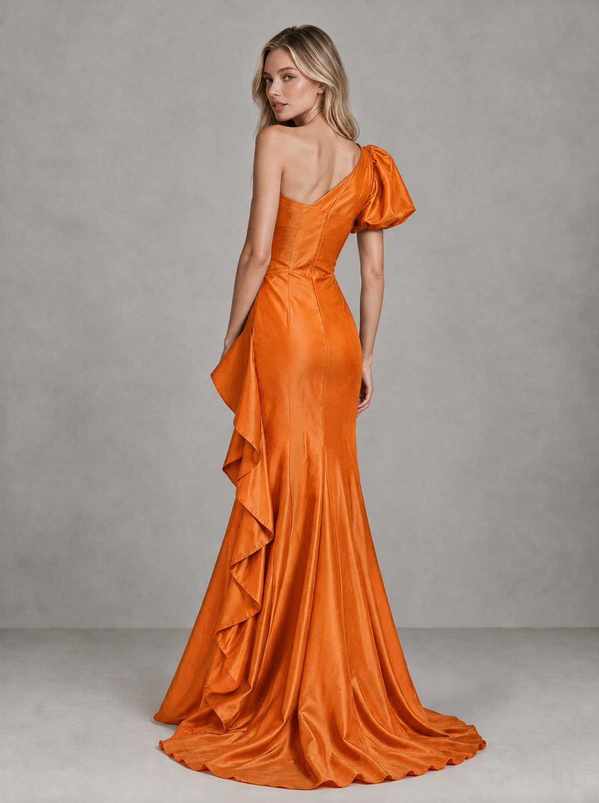 BOLODOO Orange One-Shoulder Satin-Look Mermaid Evening Dress with Ruffles - Orange - Orange (2)