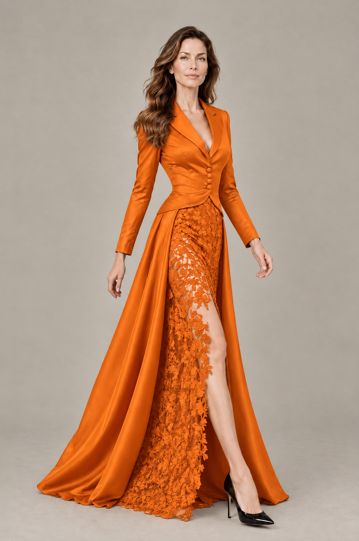 BOLODOO Orange Long Sleeve Lace Blazer Gown with High Slit - Orange - Orange (2)