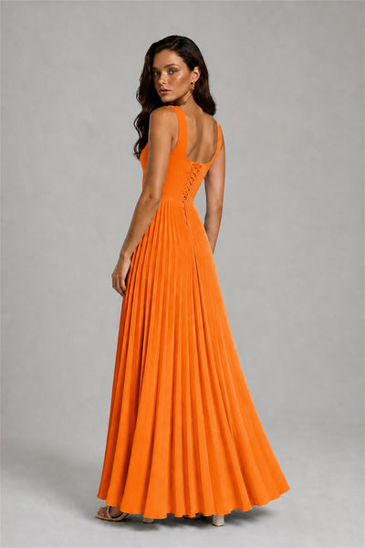 BOLODOO Orange Square Neck Wide Strap Lace-Up Back Pleated A-Line Chiffon Maxi Dress - Orange