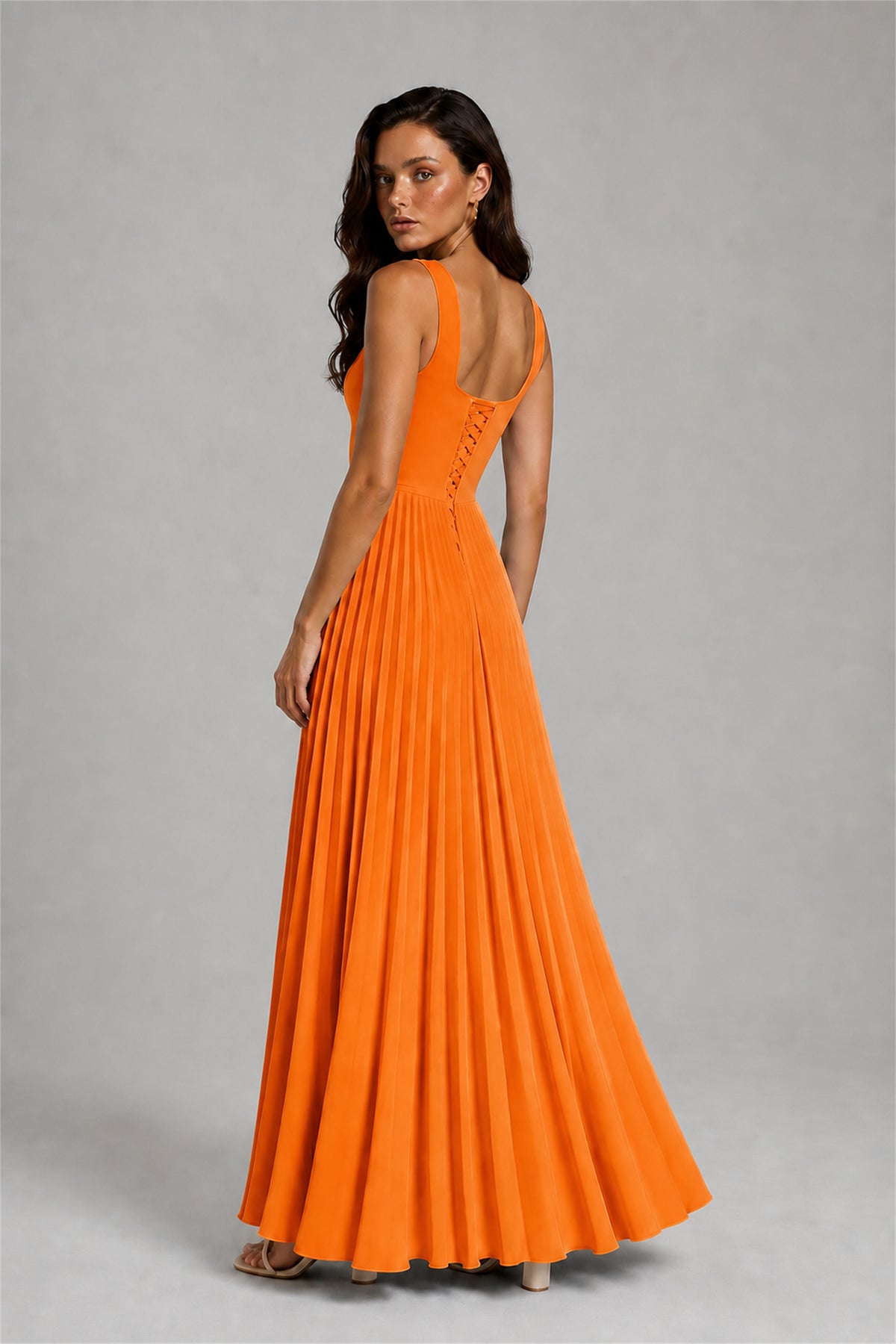 BOLODOO Orange Square Neck Wide Strap Lace-Up Back Pleated A-Line Chiffon Maxi Dress - Orange