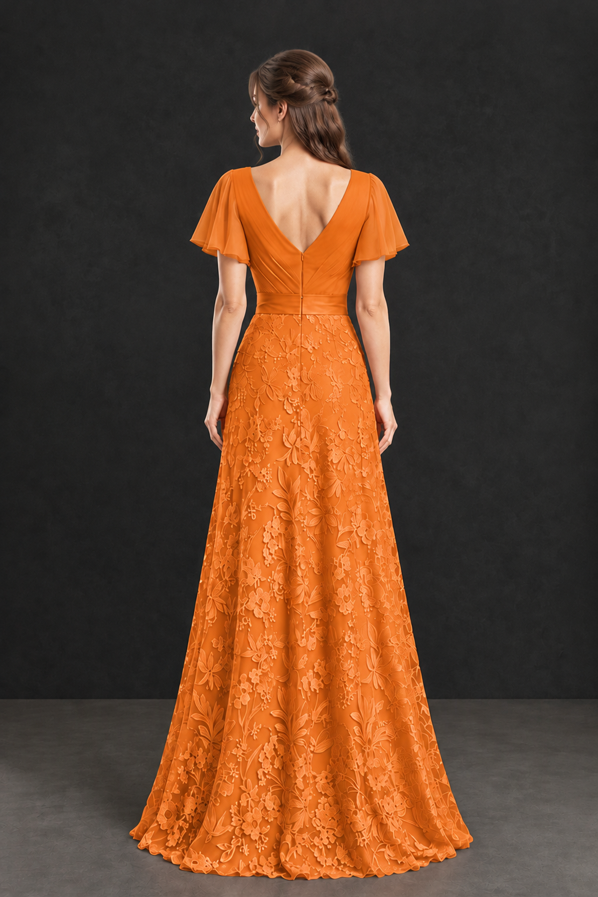 BOLODOO Orange Flutter Sleeve Lace Mother of the Bride Dress - Orange