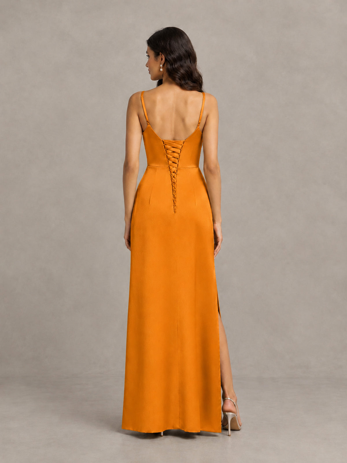 BOLODOO Orange Cowl Neck Satin Bridesmaid Dress with Slit - Orange - Orange (2)