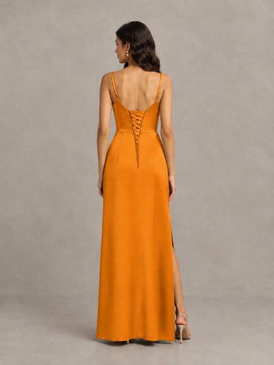 BOLODOO Orange Cowl Neck Satin Bridesmaid Dress with Slit - Orange - Orange (2)
