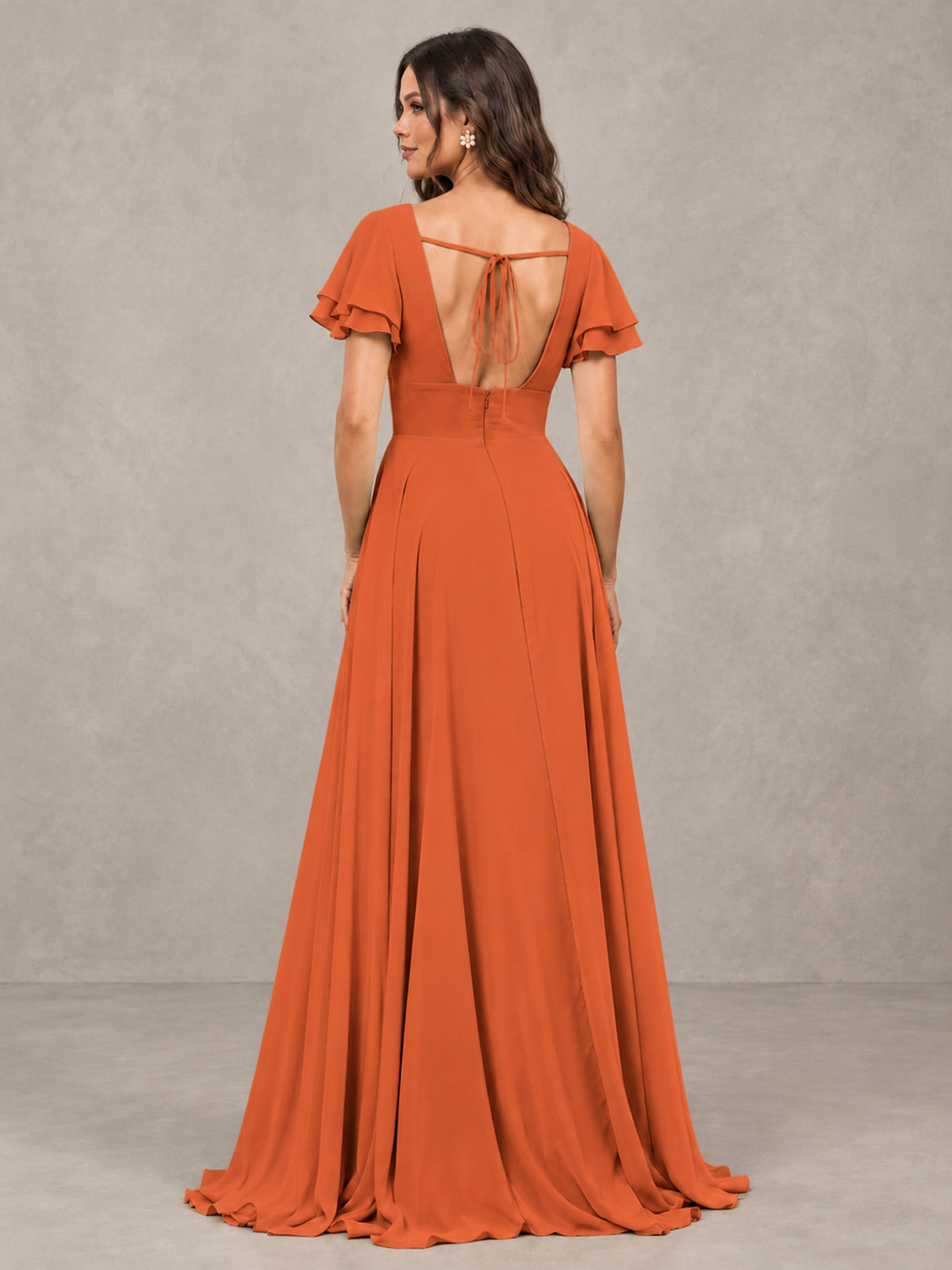 BOLODOO Orange Flutter Sleeve Chiffon A-Line Maxi Bridesmaid Dress with Open Back & Slit - Orange - Orange (2)
