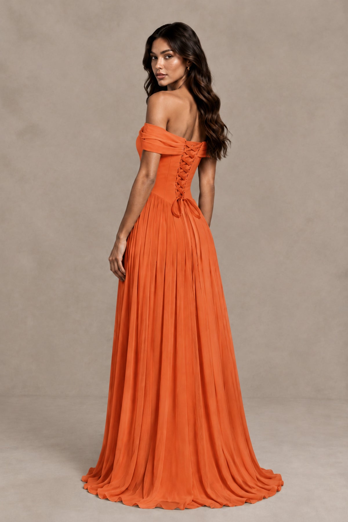 BOLODOO Orange Off-Shoulder Sweetheart Corset Pleated Chiffon Maxi Dress - Orange - Orange (2)