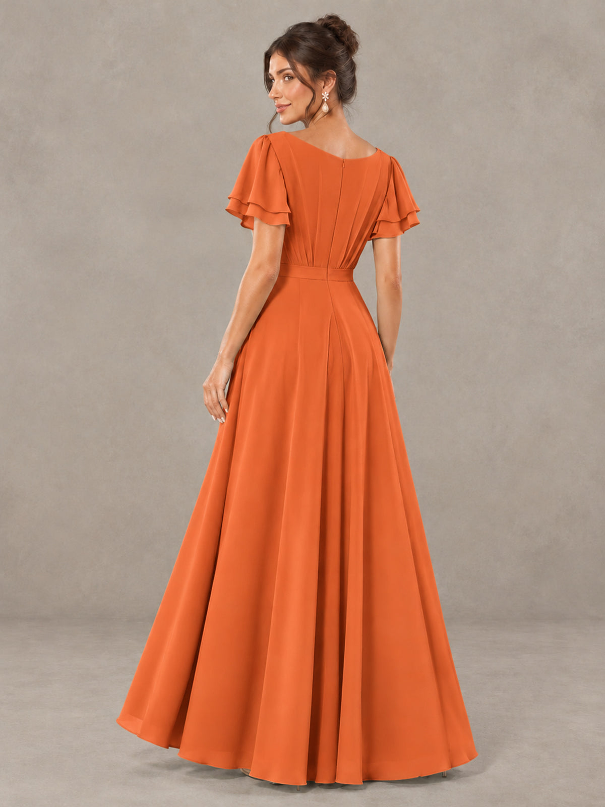 BOLODOO Orange Flutter Sleeve Ruffle Bridesmaid Dress with Slit - Orange - Orange (2)