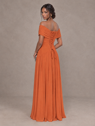 BOLODOO Orange Off-Shoulder Ruched A-Line Bridesmaid Dress - Orange - Orange (2)