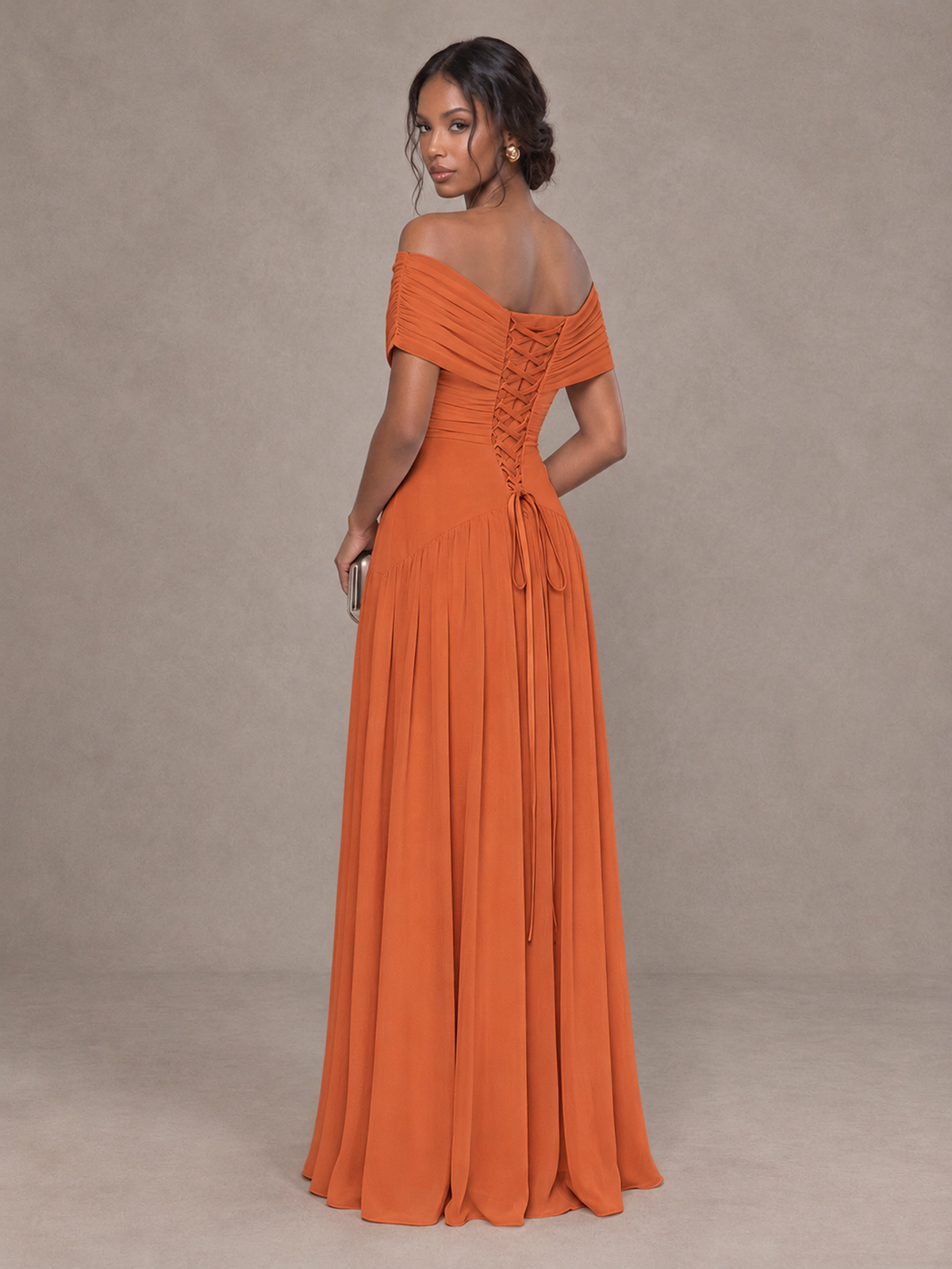 BOLODOO Orange Off-Shoulder Ruched A-Line Bridesmaid Dress - Orange - Orange (2)