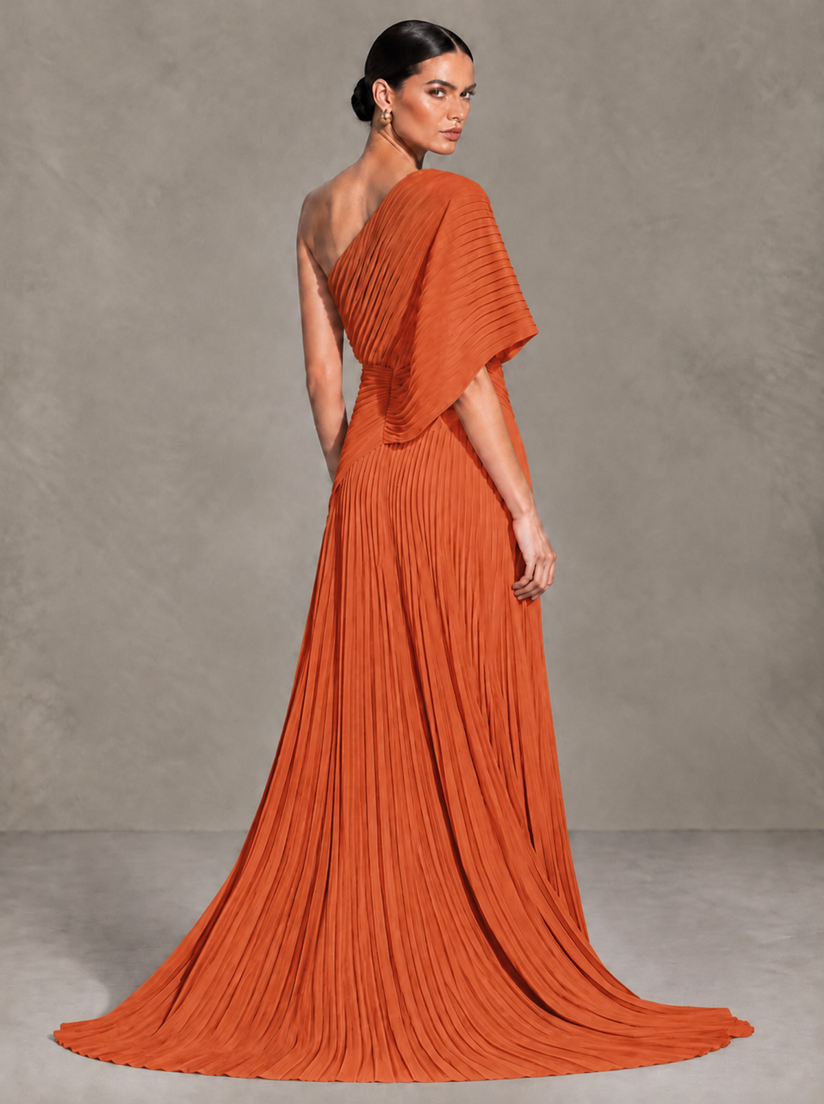 BOLODOO Orange One-Shoulder Pleated Cape Evening Gown with Train - Orange - Orange (2)