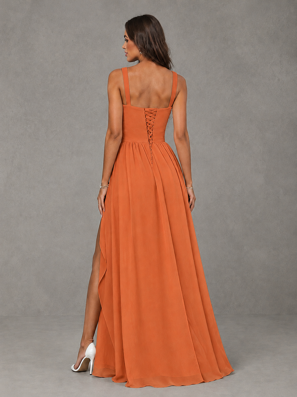 BOLODOO Orange A-Line Bridesmaid Dress with High Slit & Lace-Up Back - Orange - Orange (2)