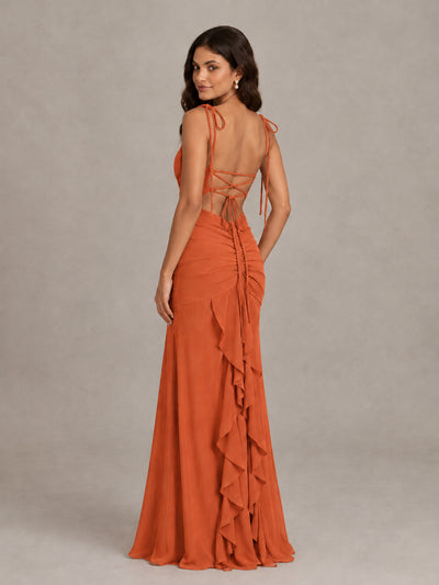 BOLODOO Orange Tie-Strap Ruched Open-Back Bridesmaid Dress - Orange - Orange (2)