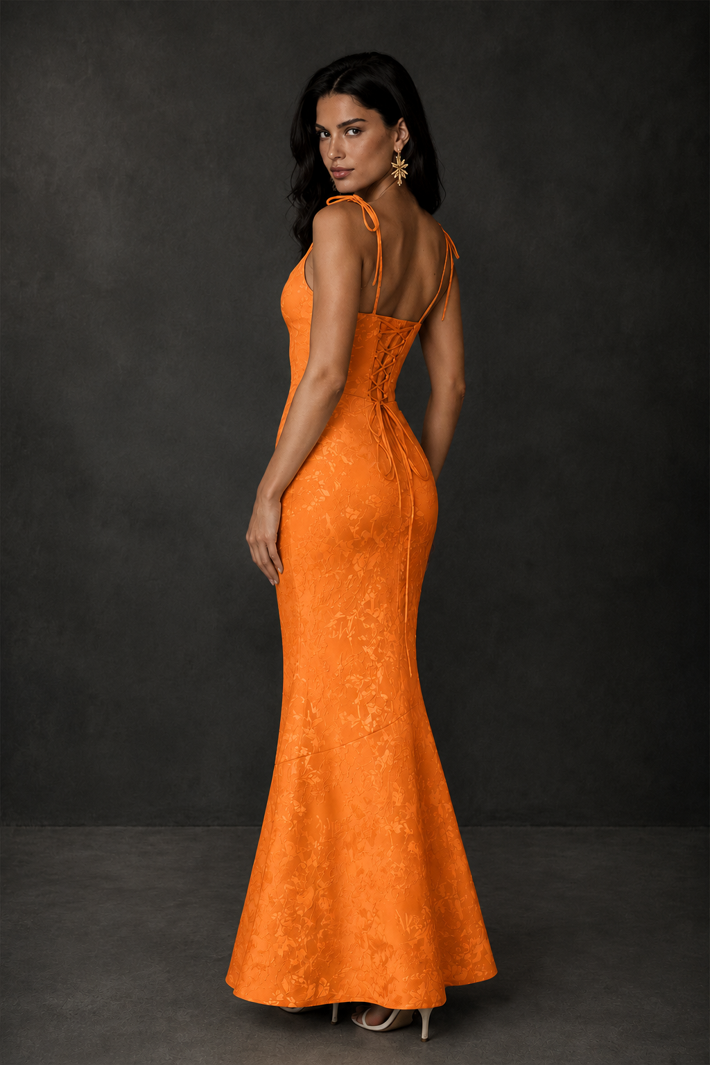 BOLODOO Orange Scoop Neck Tie Strap Lace-Up Back Floral Jacquard Mermaid Maxi Dress - Orange