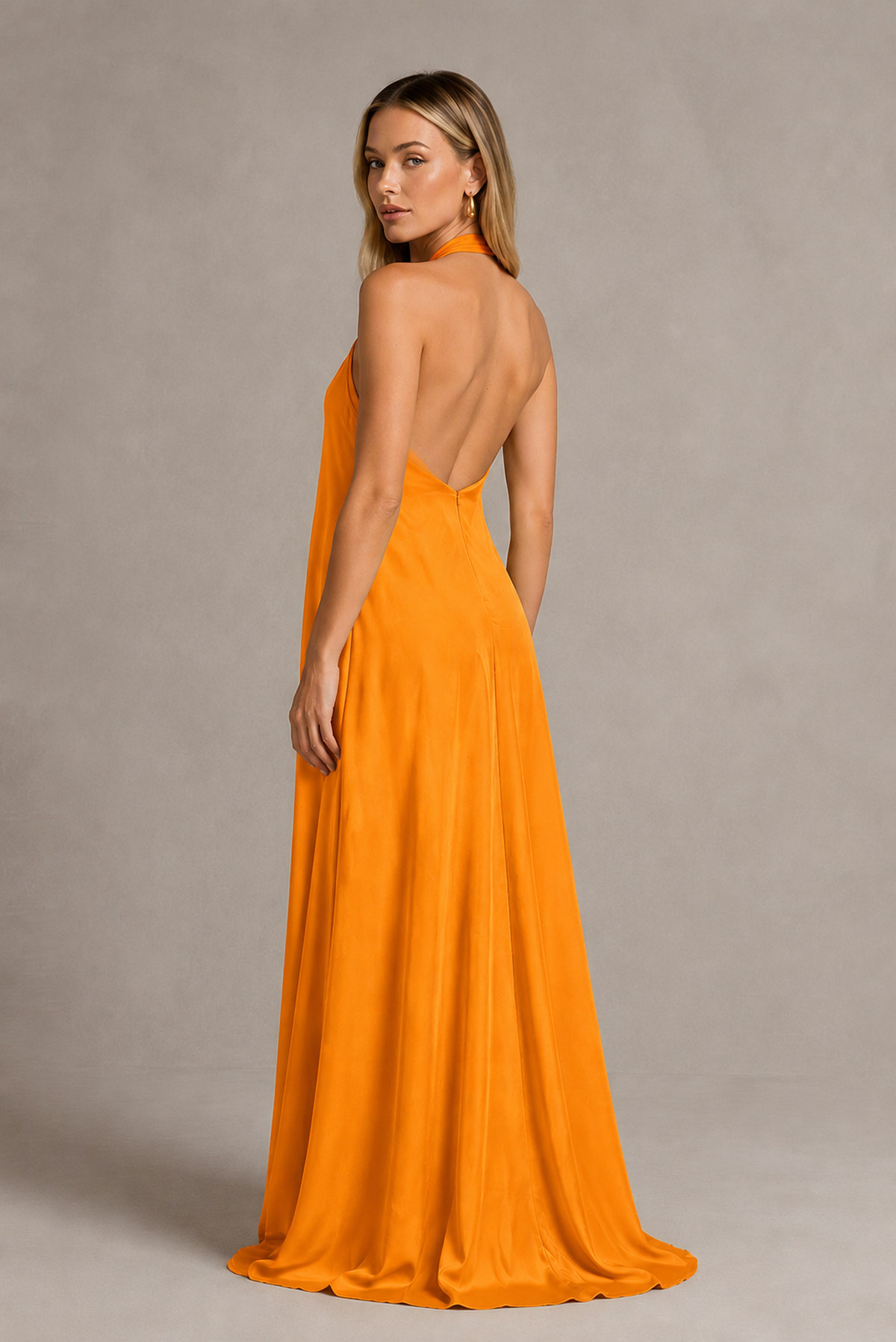 BOLODOO Orange Backless Halter Satin Bridesmaid Dress - Orange