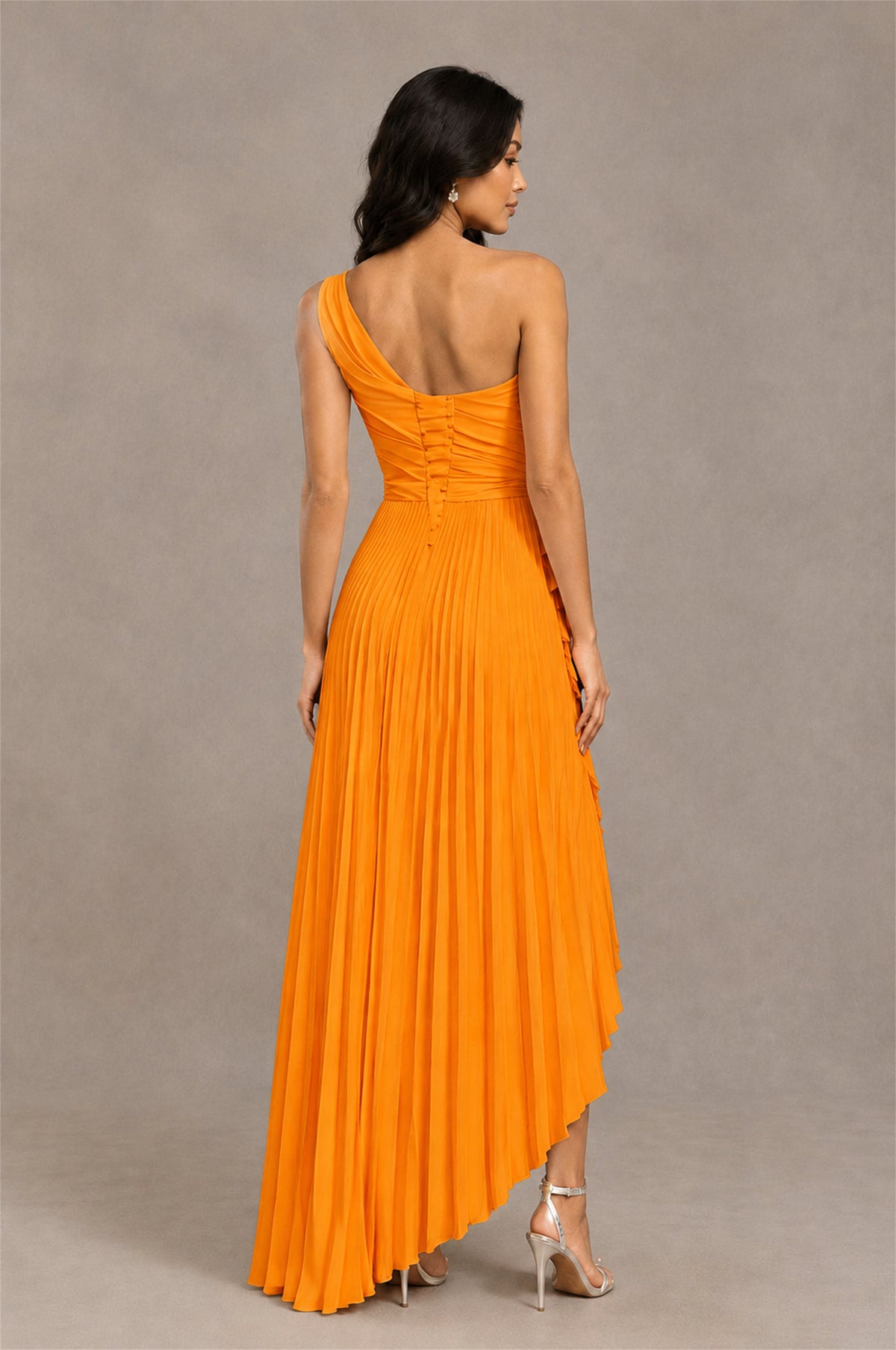 BOLODOO Orange One-Shoulder High-Low Ruffle Maxi Dress - Orange