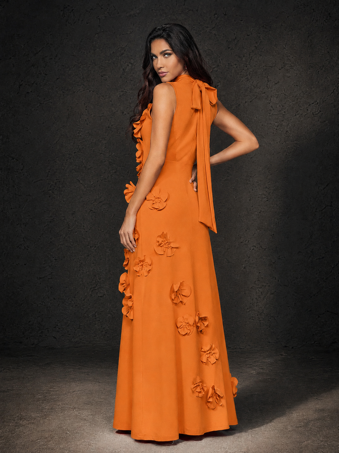 BOLODOO Orange Mock Neck Sleeveless 3D Floral Appliqué Maxi Dress with Bow Back - Orange